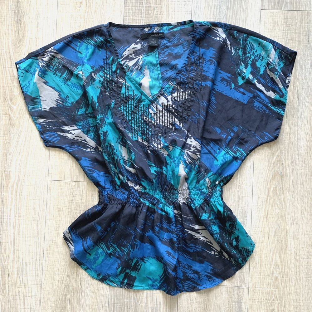 Calvin Klein Top Gathered Waist Peplum Short Sleeve Sequin Blouse Women Sz L - Picture 4 of 11